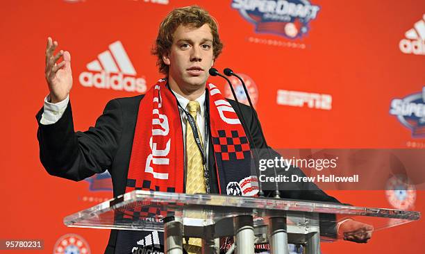 First-round draft pick Zack Schilawski of the New England Revolution addresses the audience during the 2010 MLS SuperDraft on January 14, 2010 at the...