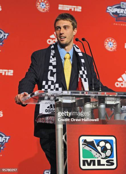 First-round draft pick Blair Gavin of Chivas USA addresses the crowd during the 2010 MLS SuperDraft on January 14, 2010 at the Pennsylvania...
