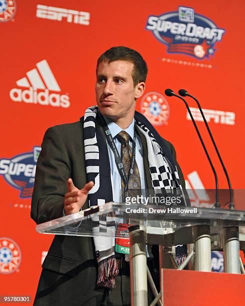 First-round draft pick Corben Bone of Chicago Fire addresses the crowd during the 2010 MLS SuperDraft on January 14, 2010 at the Pennsylvania...