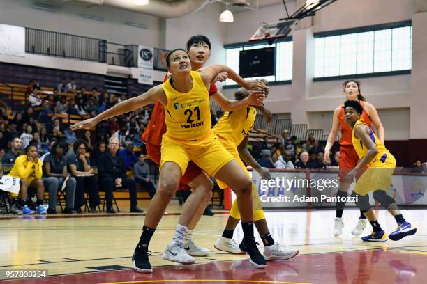Mistie Bass of the Los Angeles Sparks boxes out the China National Team during a pre-season game on May 12, 2018 at Pasadena City College in...