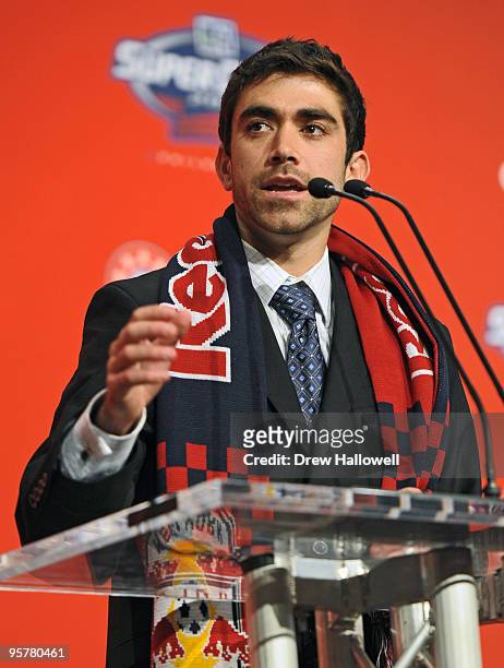 First-round draft pick Austin Da Luz of the New York Red Bulls addresses the crowd during the 2010 MLS SuperDraft on January 14, 2010 at the...