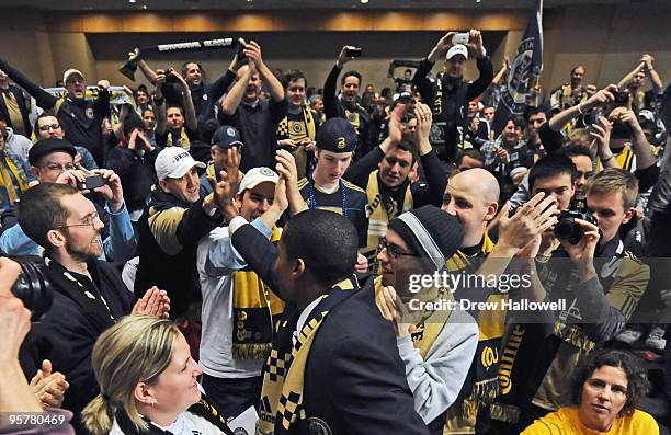 First overall draft pick Danny Mwanga of the Philadelphia Union greets the fans during the 2010 MLS SuperDraft on January 14, 2010 at the...