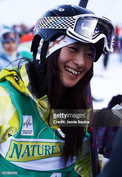 Aiko Uemura of Japan is interviewed by the media following her 4th place finish in the Ladies Mogul Finals during the 2010 Freestyle FIS World Cup on...