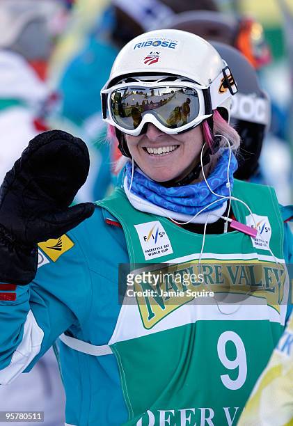Shannon Bahrke of the USA is introduced to the crowd prior to the Ladies Moguls finals during the 2010 Freestyle FIS World Cup on January 14, 2010 at...