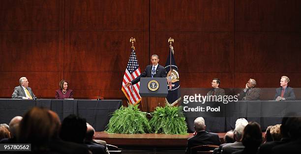 President Barack Obama delivers remarks to the House Democratic Caucus retreat at the U.S. Capitol Visitors Center January 14, 2010 in Washington,...