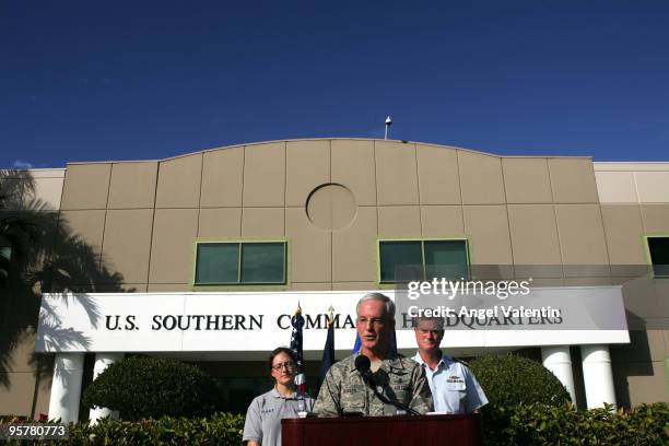 Gen. Douglas M. Fraser, United States Air Force, Commander of United States Southern Command, addresses the media outside US SOUTHCOM Headquarters to...