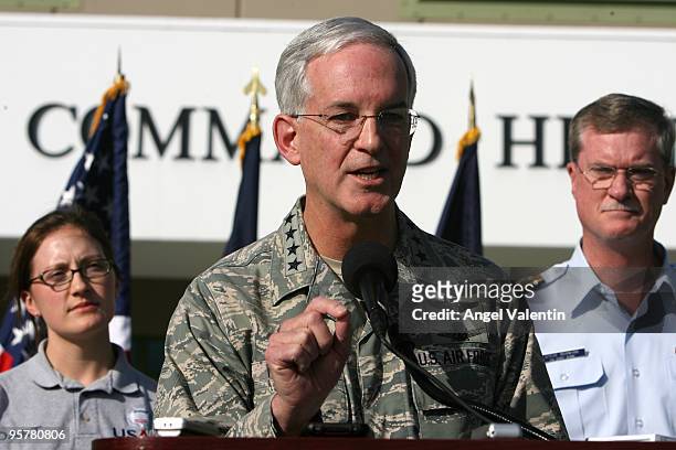 Gen. Douglas M. Fraser, United States Air Force, Commander of United States Southern Command, addresses the media outside US SOUTHCOM Headquarters to...