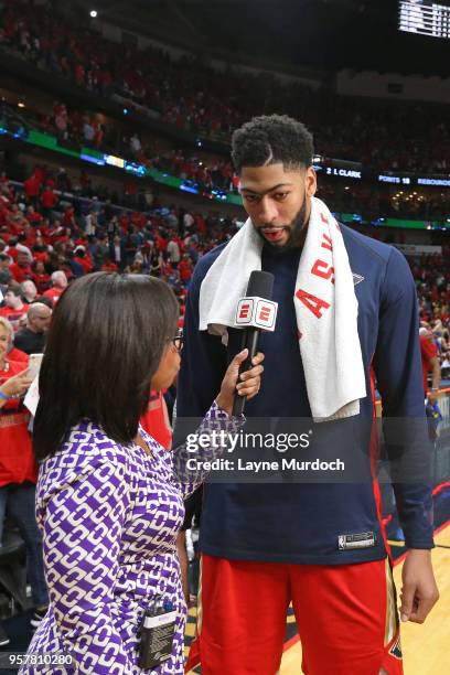 Anthony Davis of the New Orleans Pelicans talks with the maid after Game Three of the Western Conference Semi Finals of the 2018 NBA Playoffs against...