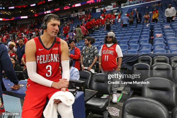Nikola Mirotic of the New Orleans Pelicans talks with the media after Game Three of the Western Conference Semi Finals of the 2018 NBA Playoffs...