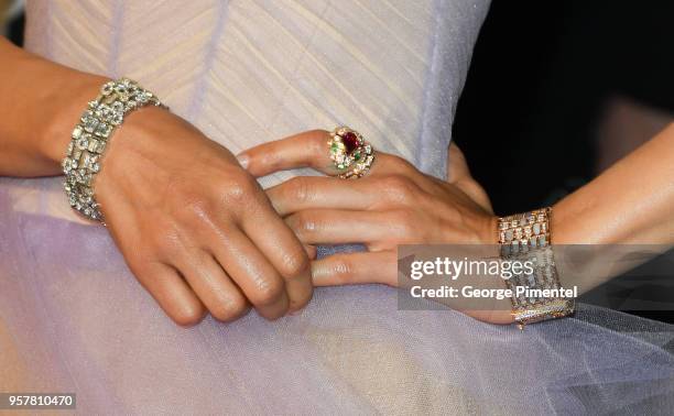 Detail of Sofia Boutella jewelery at the screening of "Farenheit 451" during the 71st annual Cannes Film Festival at Palais des Festivals on May 12,...