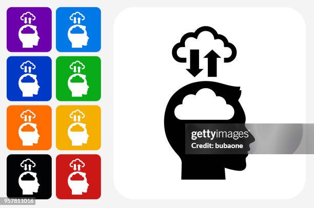 brain cloud computing icon square button set - flying in sync stock illustrations