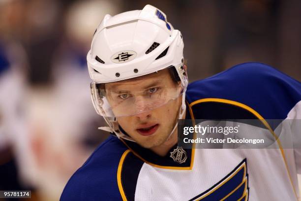 Erik Johnson of the St. Louis Blues skates during warm-up prior to their NHL game against the Los Angeles Kings at the Staples Center on January 9,...