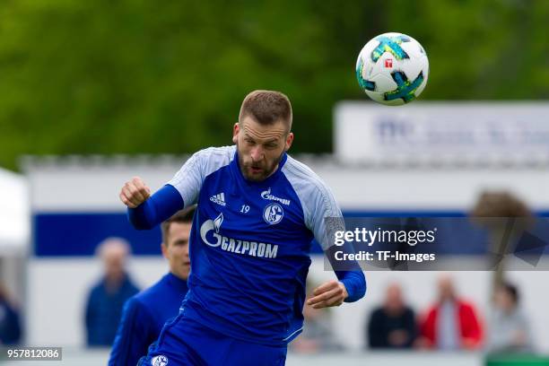 Guido Burgstaller of Schalke controls the ball during a training session at the FC Schalke 04 Training center on April 27, 2018 in Gelsenkirchen,...