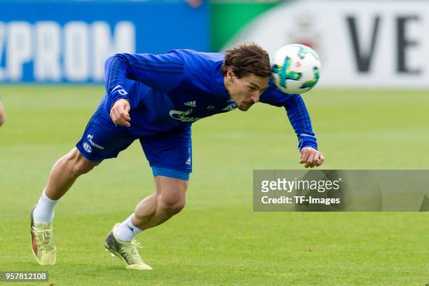 Benjamin Stambouli of Schalke controls the ball during a training session at the FC Schalke 04 Training center on April 27, 2018 in Gelsenkirchen,...
