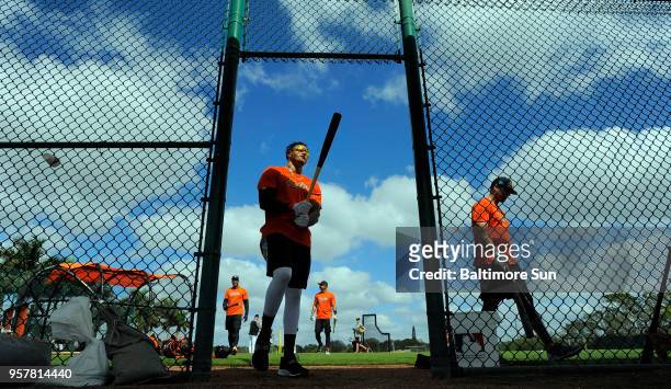 Baltimore Orioles infielder Manny Machado after finishing a round of hitting on one of the back fields during spring training on February 21 in...