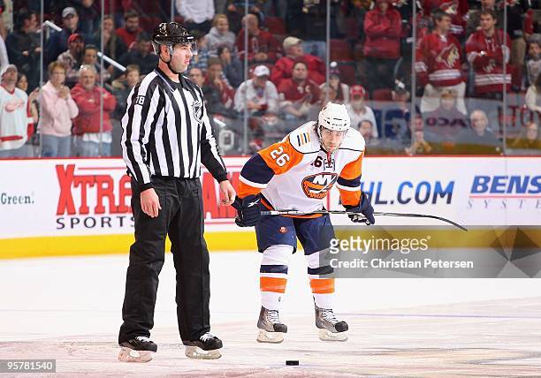 Matt Moulson of the New York Islanders prepares to take an overtime shoot out attempt during the NHL game against the Phoenix Coyotes at Jobing.com...