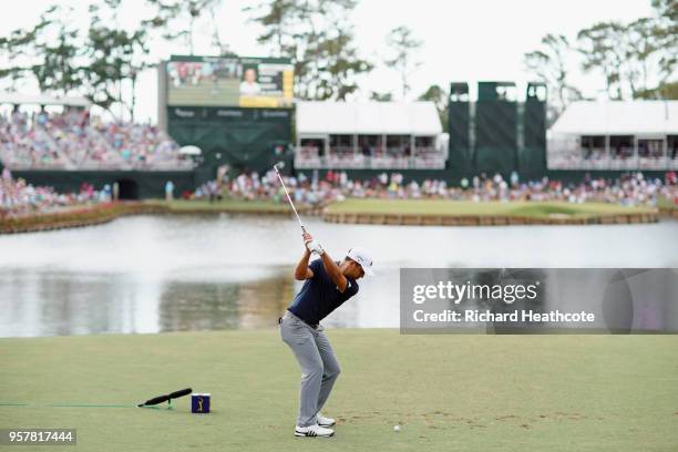 Xander Schauffele of the United States plays his shot from the 17th tee during the third round of THE PLAYERS Championship on the Stadium Course at...