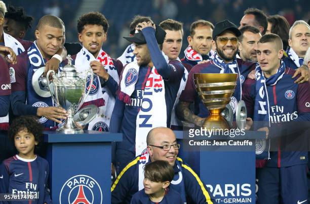 Kylian Mbappe, Marquinhos, Neymar Jr, Dani Alves aka Daniel Alves, Marco Verratti of PSG celebrate during the French Ligue 1 Championship Trophy...