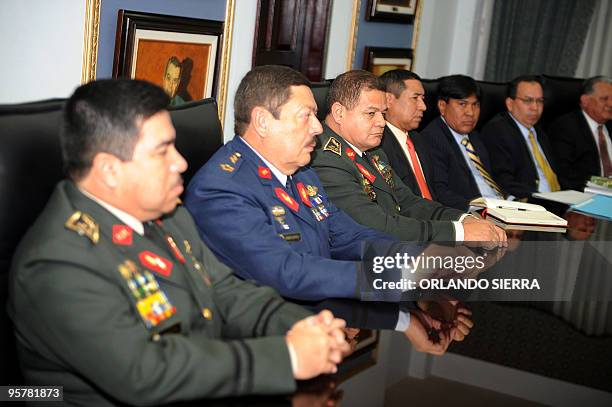 Honduran armed forces joint staff chief, General Romeo Vasquez Velasquez and members of his board of commanders, armed forces joint staff sub-chief,...