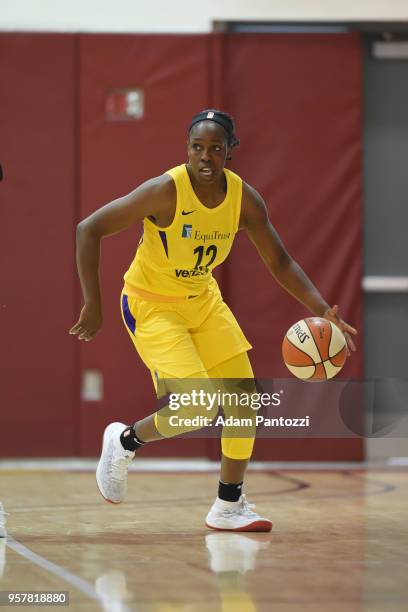 Chelsea Gray of the Los Angeles Sparks handles the ball against the China National Team during a pre-season game on May 12, 2018 at Pasadena City...