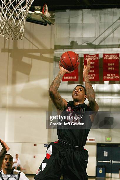 Charles Garcia of the Seattle Redhawks shoots against the Cal State Northridge Matadors on January 11, 2010 at the Matadome in Northridge,...