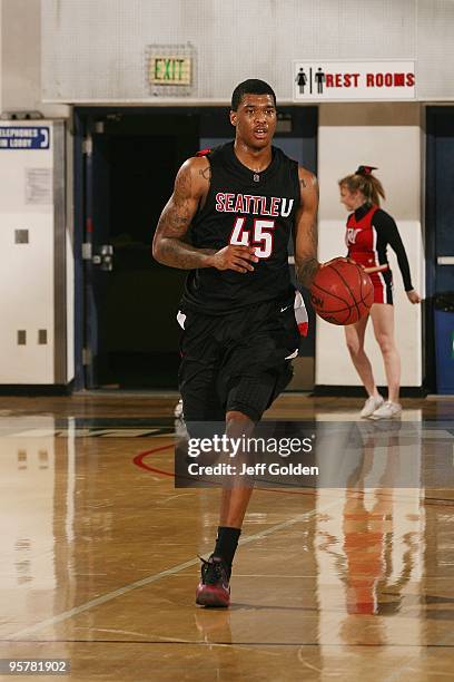 Charles Garcia of the Seattle Redhawks dribbles against the Cal State Northridge Matadors on January 11, 2010 at the Matadome in Northridge,...