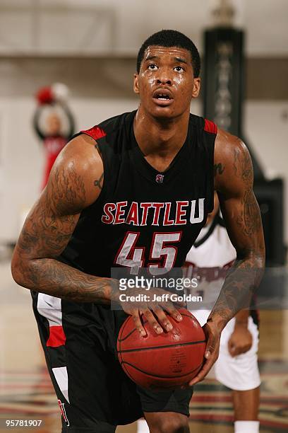 Charles Garcia of the Seattle Redhawks shoots a free throw against the Cal State Northridge Matadors on January 11, 2010 at the Matadome in...