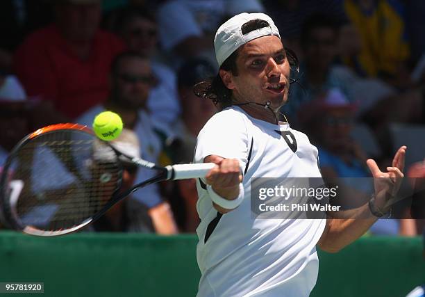 Albert Montanes of Spain plays a forehand in his semi final match against John Isner of the USA during day five of the Heineken Open at the ASB...