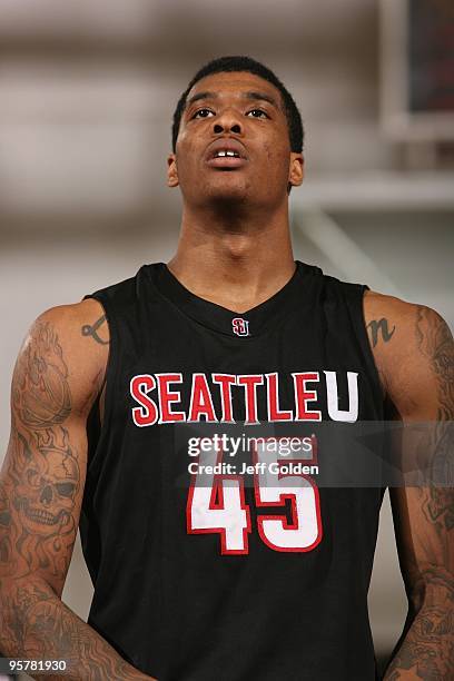 Charles Garcia of the Seattle Redhawks shoots a free throw against the Cal State Northridge Matadors on January 11, 2010 at the Matadome in...