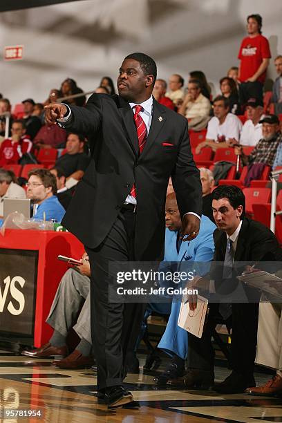 Head coach Cameron Dollar of the Seattle Redhawks instructs his team against the Cal State Northridge Matadors on January 11, 2010 at the Matadome in...