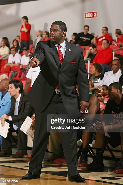 Head coach Cameron Dollar of the Seattle Redhawks reacts against the Cal State Northridge Matadors on January 11, 2010 at the Matadome in Northridge,...