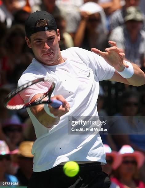 John Isner of the USA plays a forehand in his semi final match against Albert Montanes of Spain during day five of the Heineken Open at the ASB...