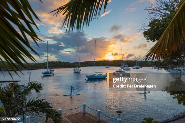 two people paddleboarding in the harbor at stocking island in the exumas_bahamas - harbor island bahamas fotografías e imágenes de stock