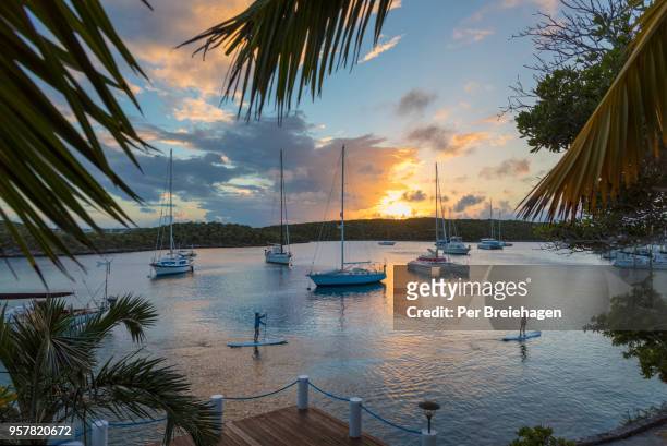 two people paddleboarding in the harbor at stocking island in the exumas_bahamas - harbor island bahamas stock pictures, royalty-free photos & images