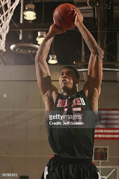 Charles Garcia of the Seattle Redhawks dunks against the Cal State Northridge Matadors on January 11, 2010 at the Matadome in Northridge, California....