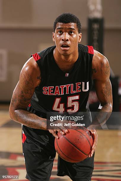 Charles Garcia of the Seattle Redhawks shoots a free throw against the Cal State Northridge Matadors on January 11, 2010 at the Matadome in...