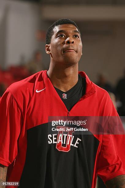 Charles Garcia of the Seattle Redhawks warms up before the game against the Cal State Northridge Matadors on January 11, 2010 at the Matadome in...