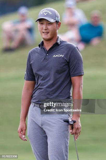 Danny Lee of New Zealand reacts to a putt on the 15th hole during the third round of THE PLAYERS Championship on May 12, 2018 at TPC Sawgrass in...