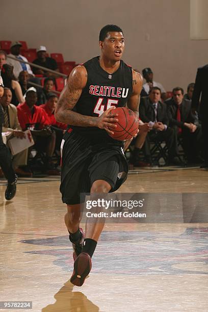 Charles Garcia of the Seattle Redhawks drives against the Cal State Northridge Matadors on January 11, 2010 at the Matadome in Northridge,...