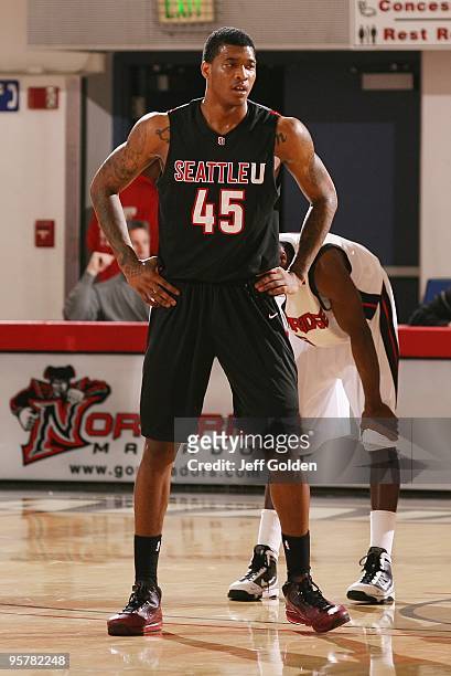 Charles Garcia of the Seattle Redhawks stands on the court against the Cal State Northridge Matadors on January 11, 2010 at the Matadome in...