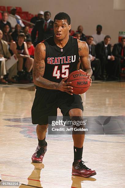Charles Garcia of the Seattle Redhawks drives against the Cal State Northridge Matadors on January 11, 2010 at the Matadome in Northridge,...