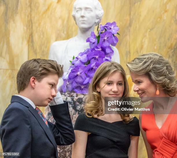 Queen Mathilde of Belgium, Princess Elisabeth and Prince Gabriel attend the finals of the Queen Elisabeth Contest in the Bozar on May 12, 2018 in...