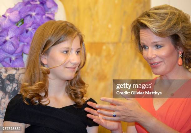 Queen Mathilde of Belgium and Princess Elisabeth attend the finals of the Queen Elisabeth Contest in the Bozar on May 12, 2018 in Brussels, Belgium.