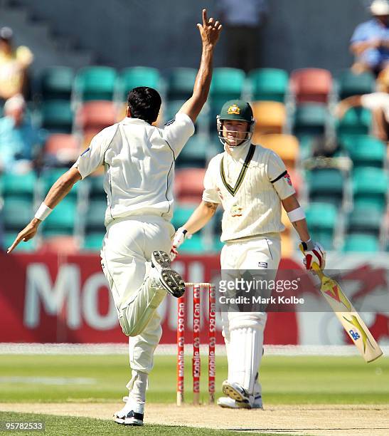 Umar Gul of Pakistan celebrates after thinking he had captured the wicket of Michael Clarke of Australia during day two of the Third Test match...