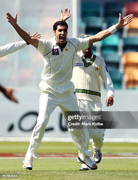 Umar Gul of Pakistan appeals for the wicket of Michael Clarke of Australia during day two of the Third Test match between Australia and Pakistan at...