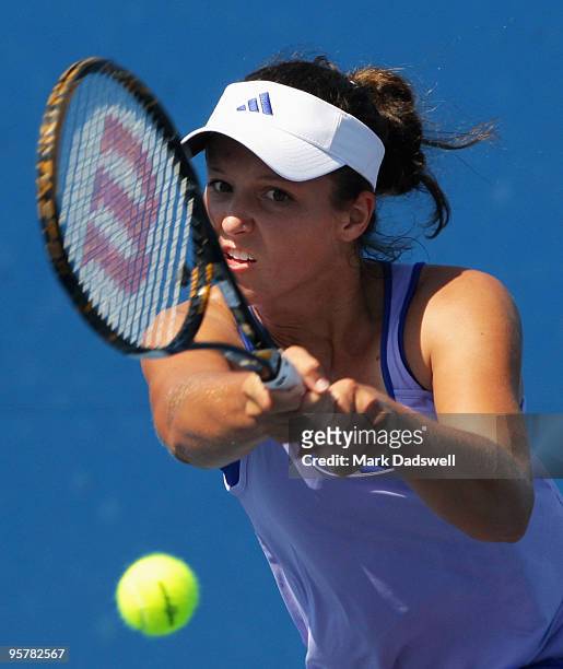 Laura Robson of Great Britain hits a backhand in her Women's Qualifying second round match against Michaella Krajicek of the Netherlands ahead of the...