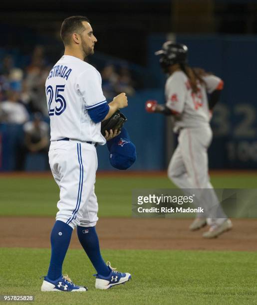 Toronto Blue Jays starting pitcher Marco Estrada after giving up a home run to Boston Red Sox designated hitter Hanley Ramirez . Toronto Blue Jays Vs...