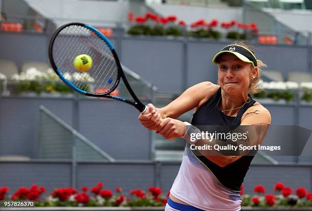 Ekaterina Makarova of Russia in action during the match between Timea Babos of Hungry and Kristina Mladenovic of France during day eight of the Mutua...