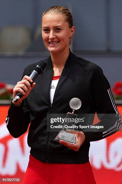 Kristina Mladenovic of France after the match between Ekaterina Makarova and Elena Vesnina of Russia during day eight of the Mutua Madrid Open at La...