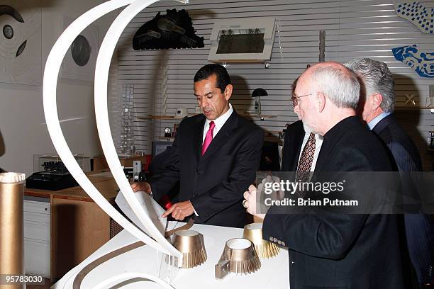 Mayor Antonio Villaraigosa and WET CEO Mark Fuller attend the unveiling of WET's new facility at Idea Playground on January 14, 2010 in Sun Valley,...